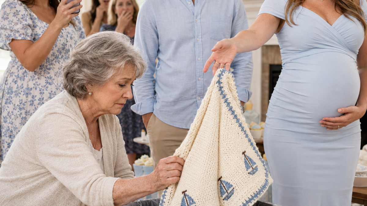 Bei der Babyparty meines Enkels warf meine Schwiegertochter die Decke, an der ich vier Monate lang gestrickt hatte, in den Müll und lächelte in die Kamera. „Wir benutzen hier nur Designerware“, sagte sie, während mein Sohn schweigend an der Wand stand. Noch am selben Abend rief er mich weinend an und stellte eine Frage, die der ganzen Familie einen Schauer über den Rücken jagte: „Mama … was war denn in dieser Decke eingenäht?“