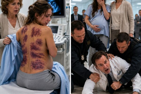 In der VIP-Klinik half ich meiner im neunten Monat schwangeren Tochter beim Ausziehen für ihren letzten Ultraschall. Als ihr Shirt herunterfiel, stockte mir der Atem. Ihr Rücken und ihre Rippen waren von einem schrecklichen Meer aus riesigen, stiefelförmigen Blutergüssen übersät. Sie geriet in Panik, bedeckte ihre Brust und zitterte. „Mama, bitte! Er ist der Krankenhausdirektor. Er hat gesagt, wenn ich ihn lasse, sorgt er dafür, dass ich nach dem Kaiserschnitt nicht mehr aufwache“, flehte sie. Ich schrie nicht. Meine Augen wurden einfach taub. Ich half ihr in den Krankenhauskittel und sagte: „Dann lass uns den Herzschlag des Babys hören, Liebling.“ Während sie auf der Untersuchungsliege lag, liquidierte ich das gesamte medizinische Imperium ihres Mannes. Als der arrogante Direktor hereinkam, um den Ultraschall zu kontrollieren, wurde er von der Heimatschutzbehörde abrupt zu Boden gerissen. – Wahre Geschichten
