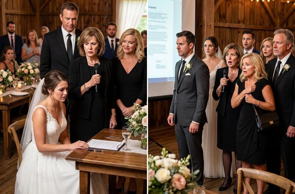 op mijn bruiloft droegen mijn ouders zwarte rouwkleding. moeder nam de microfoon: “we blijven hier totdat je het huis aan je zus overdraagt!” mijn zus lachte. mijn man stond kalm op en wees naar het scherm. wat erop flitste, deed hen de zaal ontvluchten