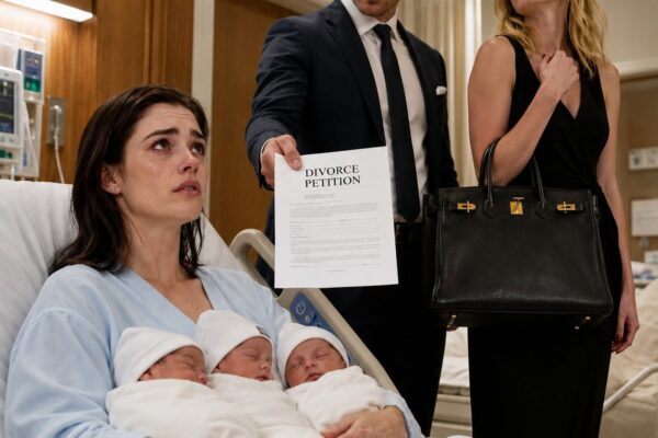 Nadat ik bevallen was van onze drieling, kwam mijn man mijn ziekenhuiskamer binnen met zijn maîtresse – die trots een Birkin-tas droeg. Hij gooide de scheidingspapieren op mijn bed en zei met een minachtende blik: “Kijk eens naar jezelf. Niemand wil je nu nog hebben.”