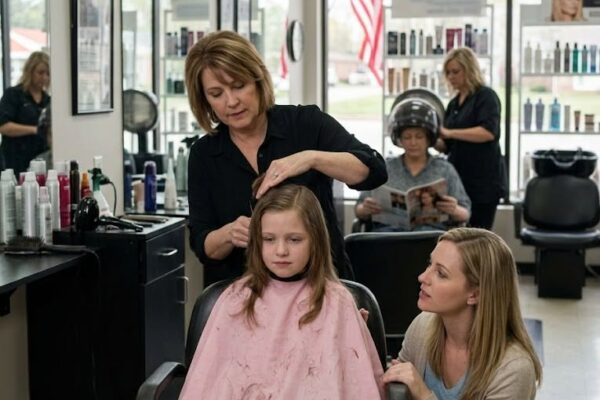 Meine Tochter flüsterte beim Haareschneiden „Nicht hinschauen“ – dann hob die Friseurin ihre Haare an und fand das darunter versteckte Wort.